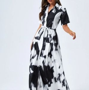 Tie Dye Button Down Front Belted Maxi Dress